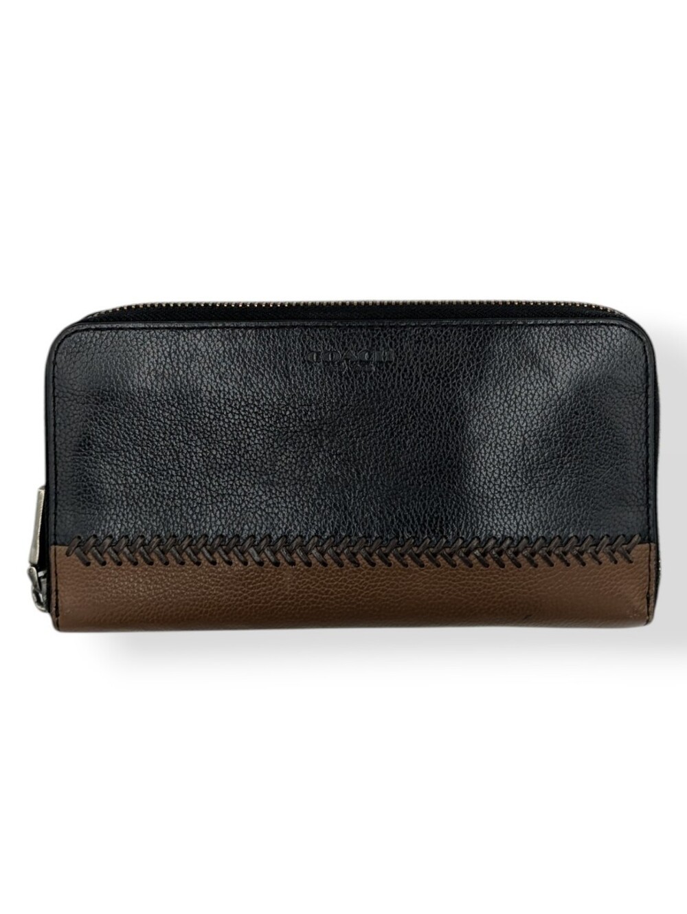 Coach Accordion Wallet Black Brown Pebble Leather Whipstitch Zip Around F58105